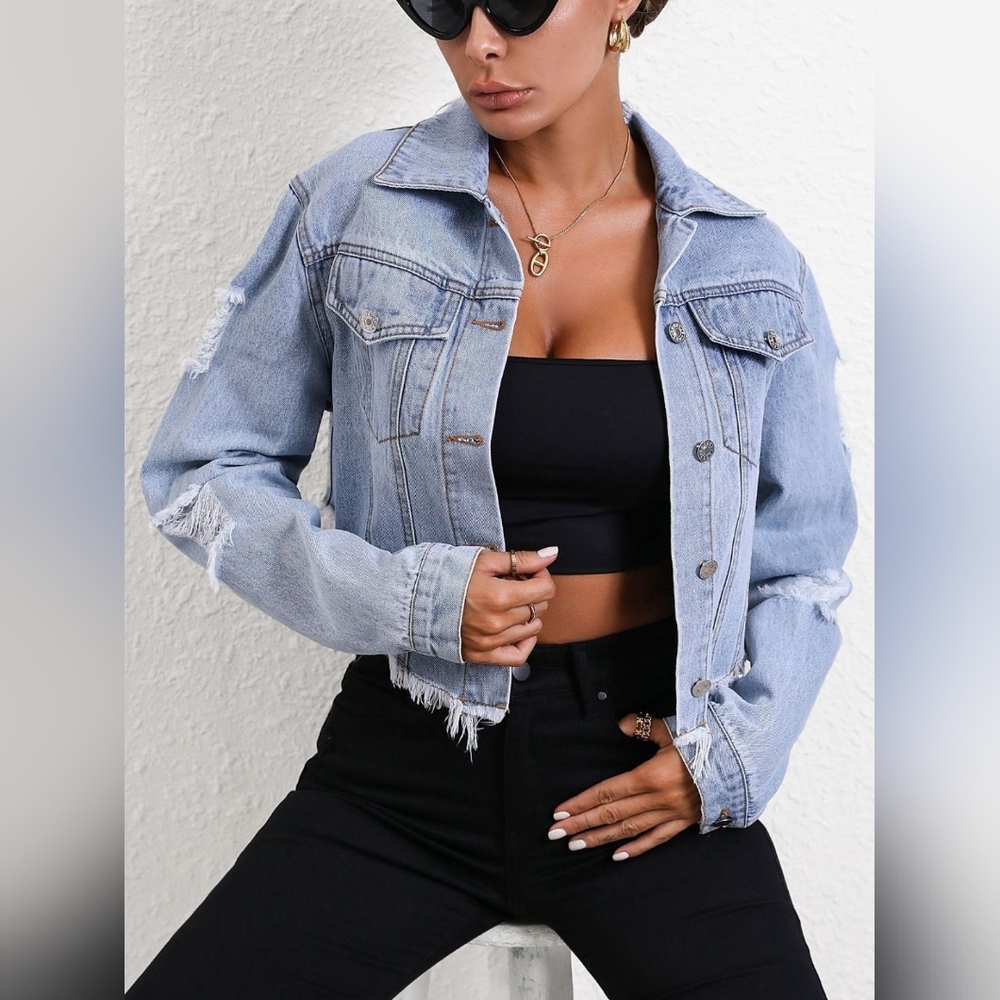 Distressed Hole Jean Jacket Cropped Raw Frayed Hem Button-Up Denim Long Sleeve